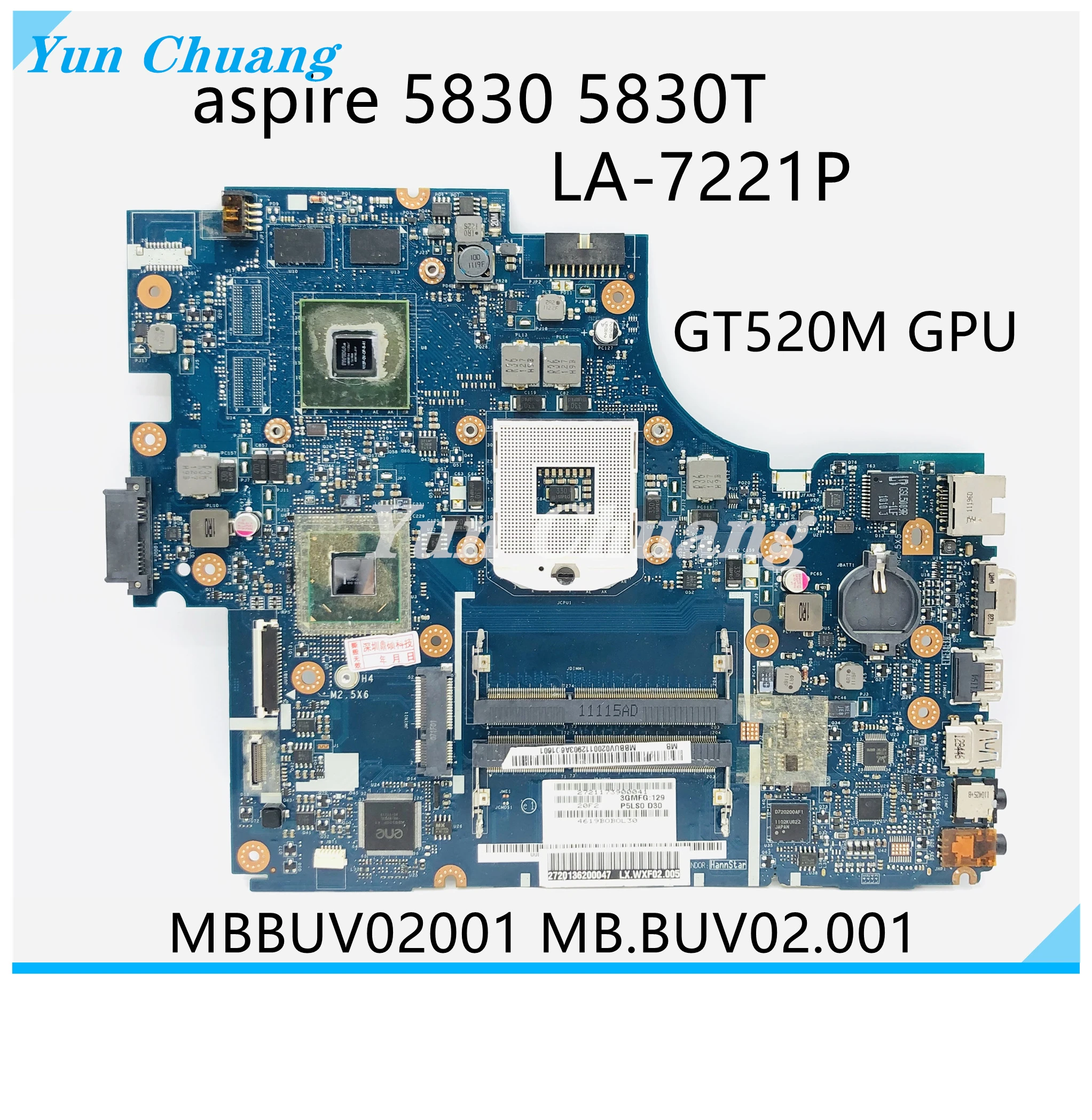 MBBUV02001 MB.BUV02.001 Acer aspire 5830 5830T Nešiojamas plokštė P5LJ0 LA-7221P PAGRINDINĖS plokštės HM65 DDR3 GT520M GPU