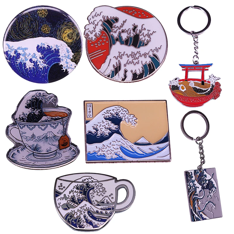 Didžiosios Bangos Sagė Kanagawa Emalio Pin Hokusai tapybos Ženklelis Jūros tematikos Priedų