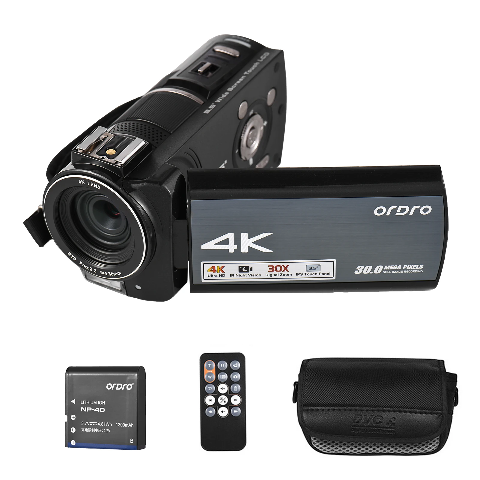 ORDRO 4K Skaitmeninę Vaizdo Kamerą, WiFi, vaizdo Kamera DV, Diktofonas 3.5-colių IPS lietimui 30MP 30X Priartinimas Veido Aptikimo IR Night Vision